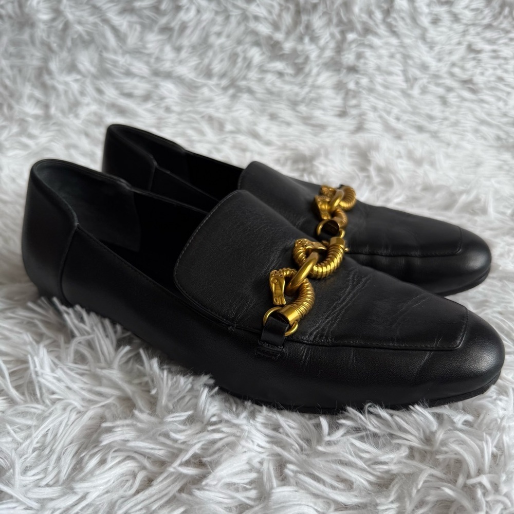 Tory Burch Jessa Black Leather Loafers and Gold Metal Horsehead Hardware Size 8